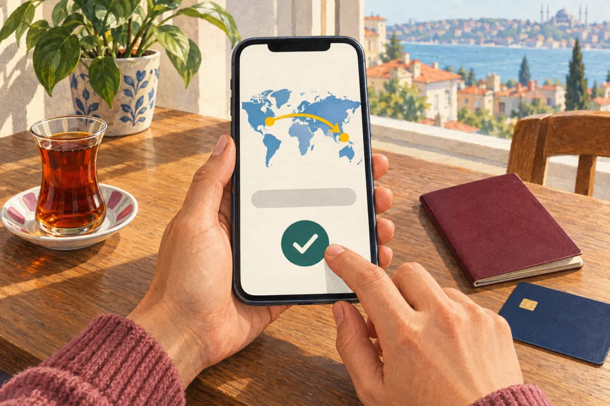 Illustration: hands hold a smartphone above a kitchen table; on the screen, an arrow travels between two points on a world map beside a round button with a tick; a glass of tea, passport and bank card are nearby