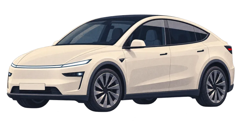 Иллюстрация: новая Model Y кремово-белого цвета, с плавно ниспадающей крышей фастбэк, гладкой передней частью и сплошной передней световой полосой, без эмблем