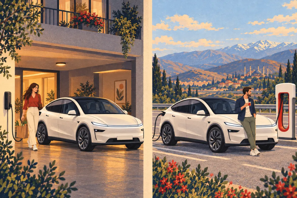 Иллюстрация: новая Model Y заряжается от настенной станции в гараже жилого дома слева и от быстрой станции на автомагистрали справа; у водителей два разных повседневных сценария