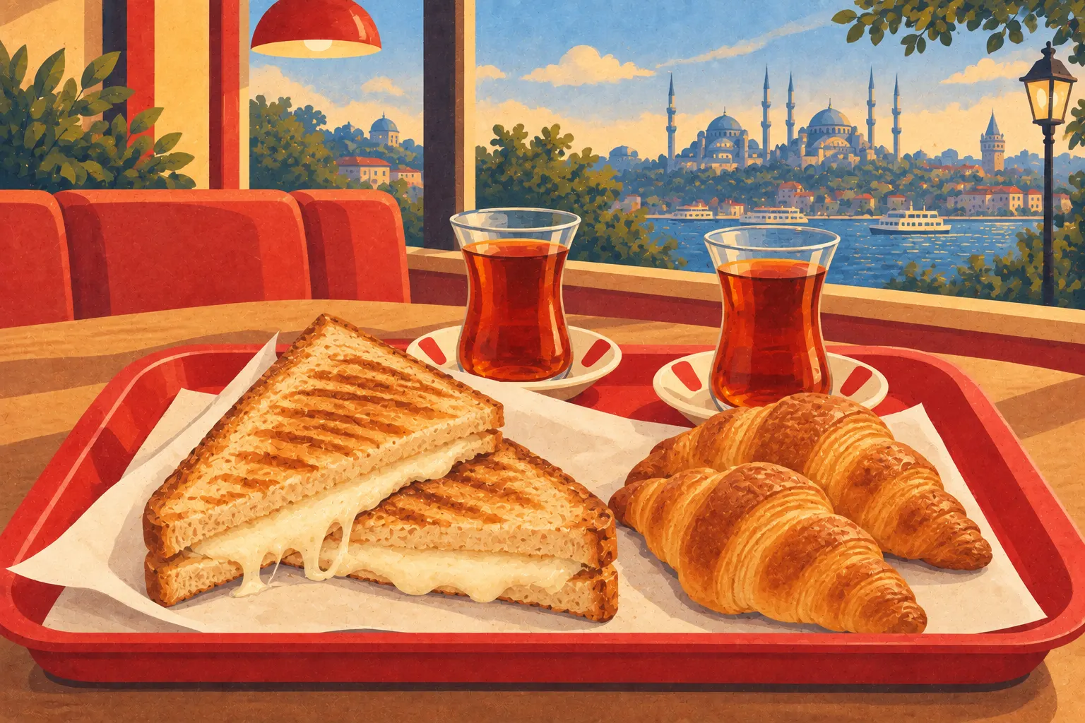 Illustrazione: due tè turchi, un toast al formaggio e croissant in un ristorante al mattino
