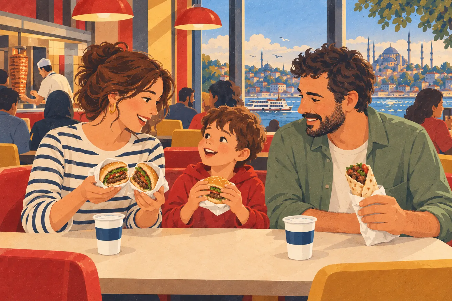 Illustrazione: una famiglia a un tavolo vicino alla finestra in un ristorante di Istanbul, un burger di köfte, un dürüm e due bicchieri di ayran