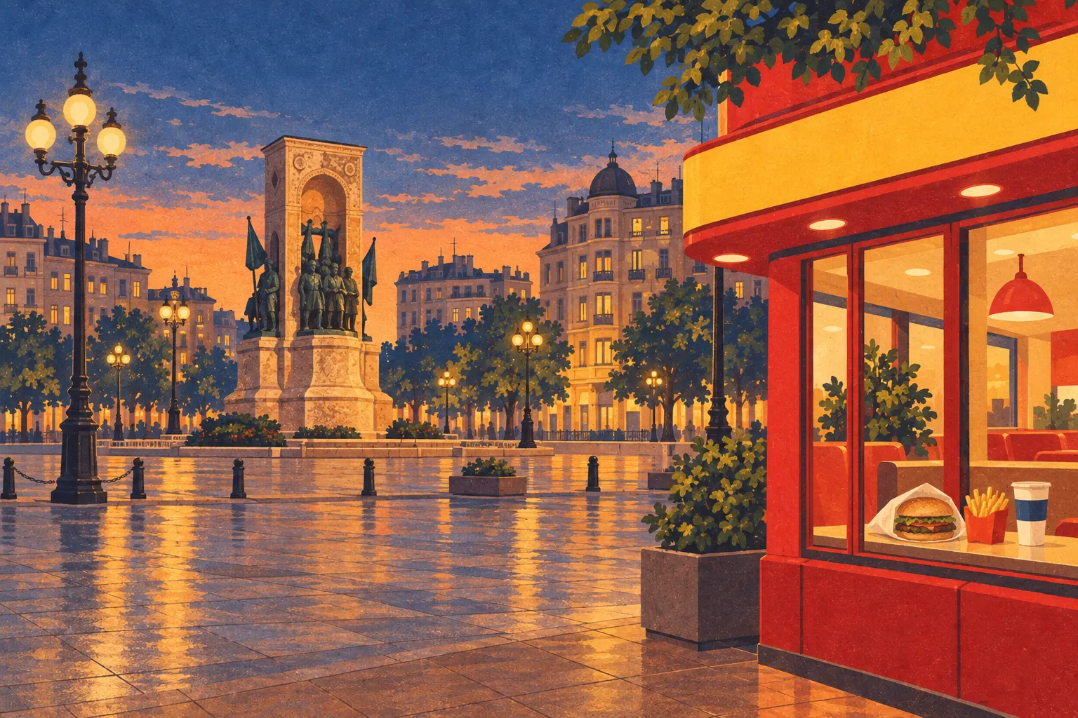 Illustrazione: piazza Taksim di sera e un ristorante rosso e giallo in una Istanbul immaginaria degli anni Ottanta