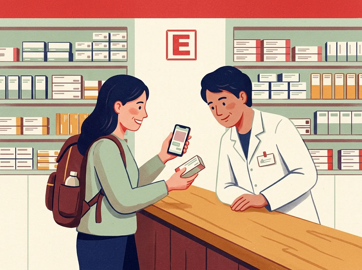 Illustration: a traveller showing a pharmacist in a Turkish pharmacy a photo of medicine packaging on her phone