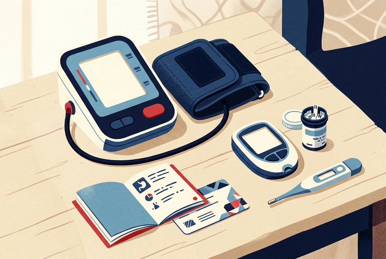 Illustration: a blood pressure monitor with a cuff, a glucose meter with test strips and instructions on a table