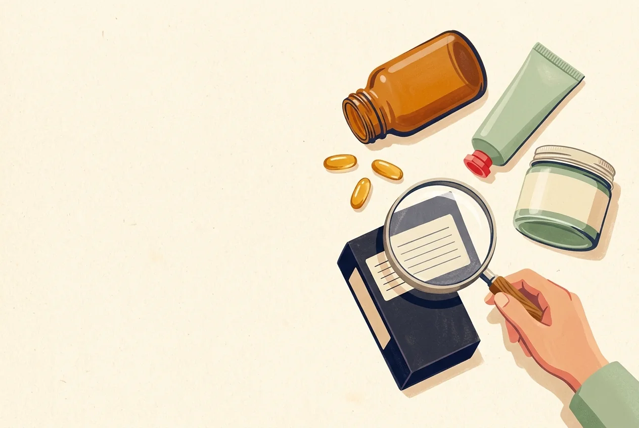Illustration: a magnifying glass over the label on a supplement box