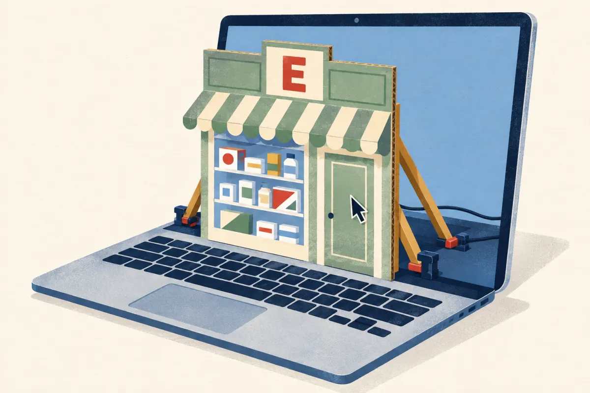Illustration: a cardboard pharmacy frontage with an E stands on a laptop, propped up by wooden supports behind it — a stage prop, not a pharmacy