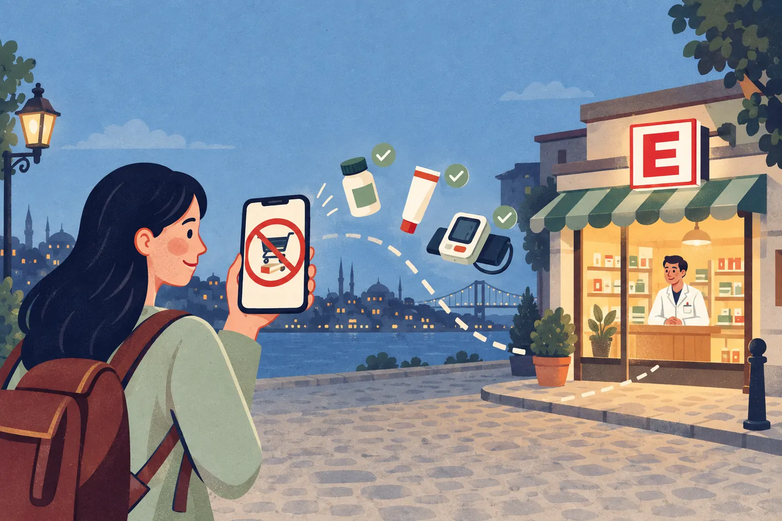 Illustration: a young woman holding a phone, with a crossed-out shopping basket of medicine on its screen; a dotted line leads to a pharmacy with a red E, while supplements, cream and a blood pressure monitor have check marks