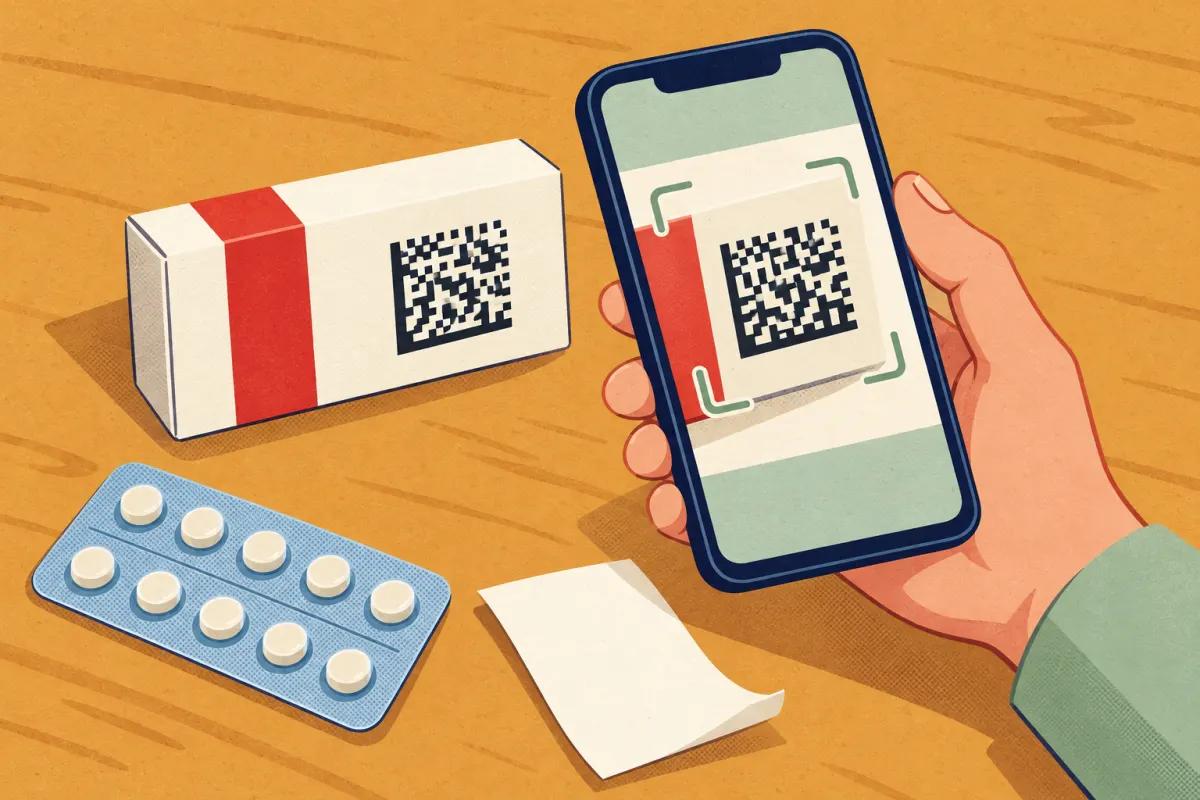Illustration: a phone scanning the square karekod code on a medicine pack