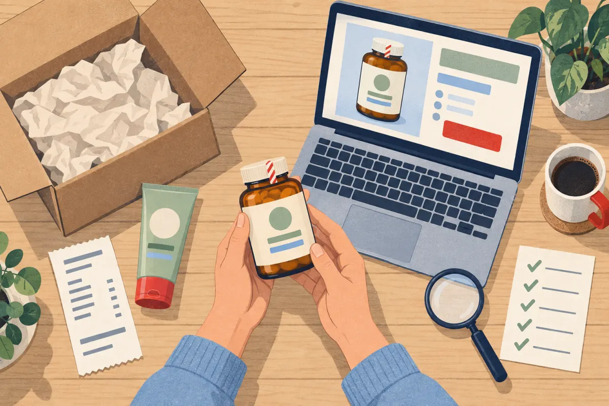 Illustration: an open parcel on a table, with hands comparing a supplement bottle against a product listing on a laptop; nearby are a cream, receipt and magnifying glass
