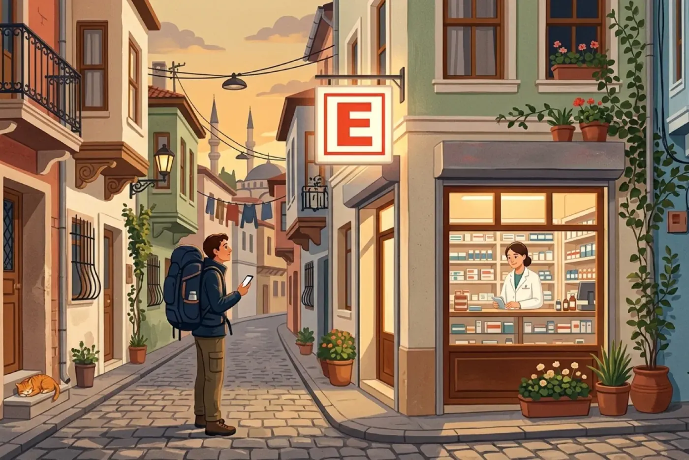 Illustration: a street in Turkey during the day, with pharmacies open and a red E sign above the door
