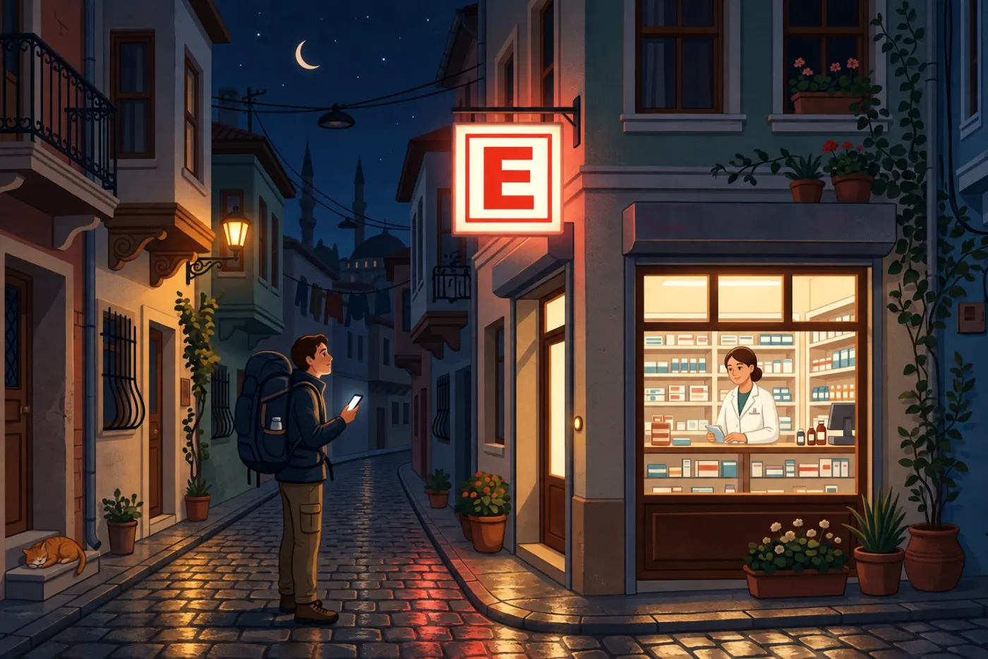 Illustration: the same street at night, with shops closed and only the duty pharmacy lit up