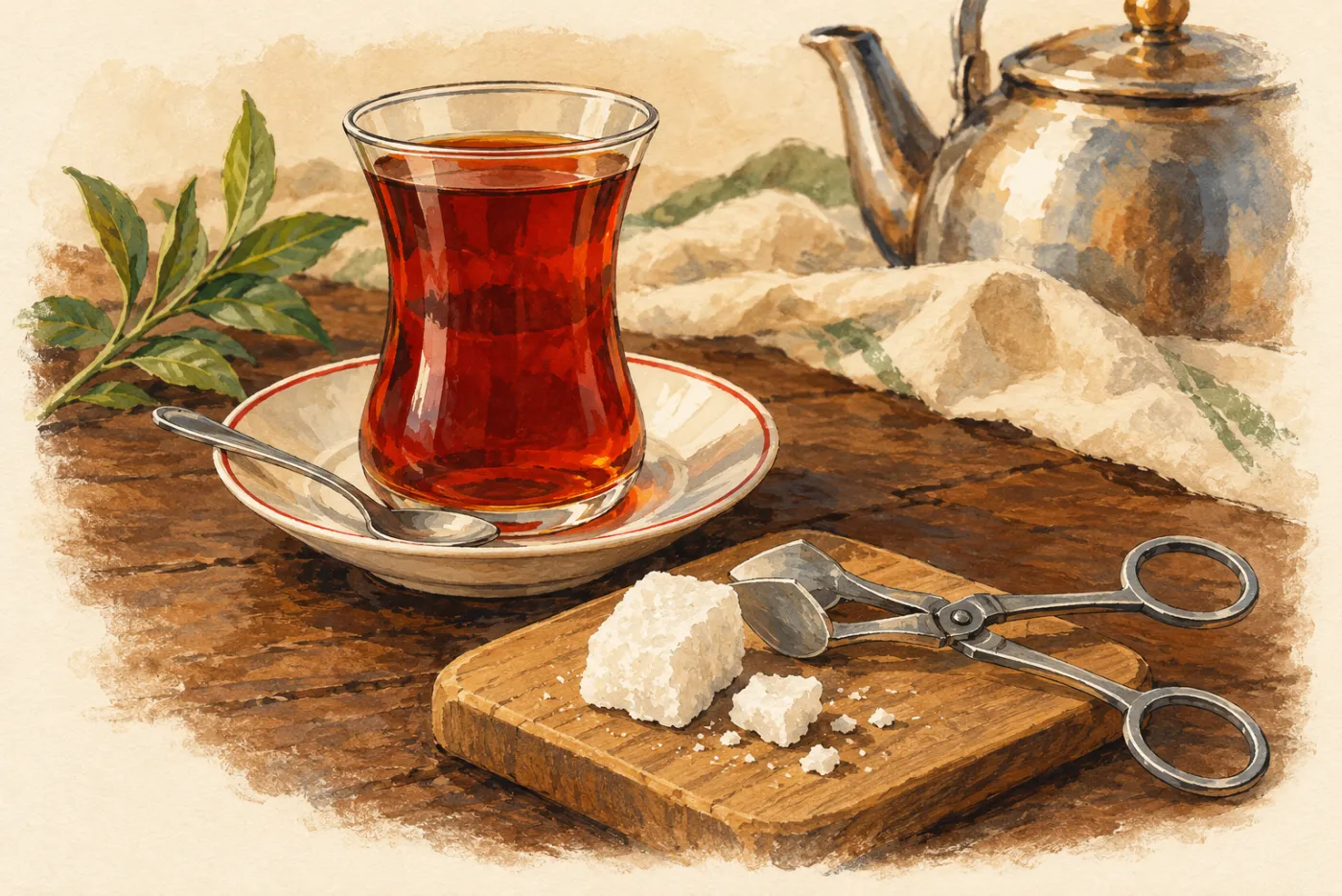 Illustration: ein Glas rubinroter Tee auf einer Untertasse, mit einem St&uuml;ck Zucker, einem abgebrochenen St&uuml;ck und einer kleinen Zuckerschere aus Stahl auf einem Holzbrett, daneben ein Zweig mit Teebl&auml;ttern