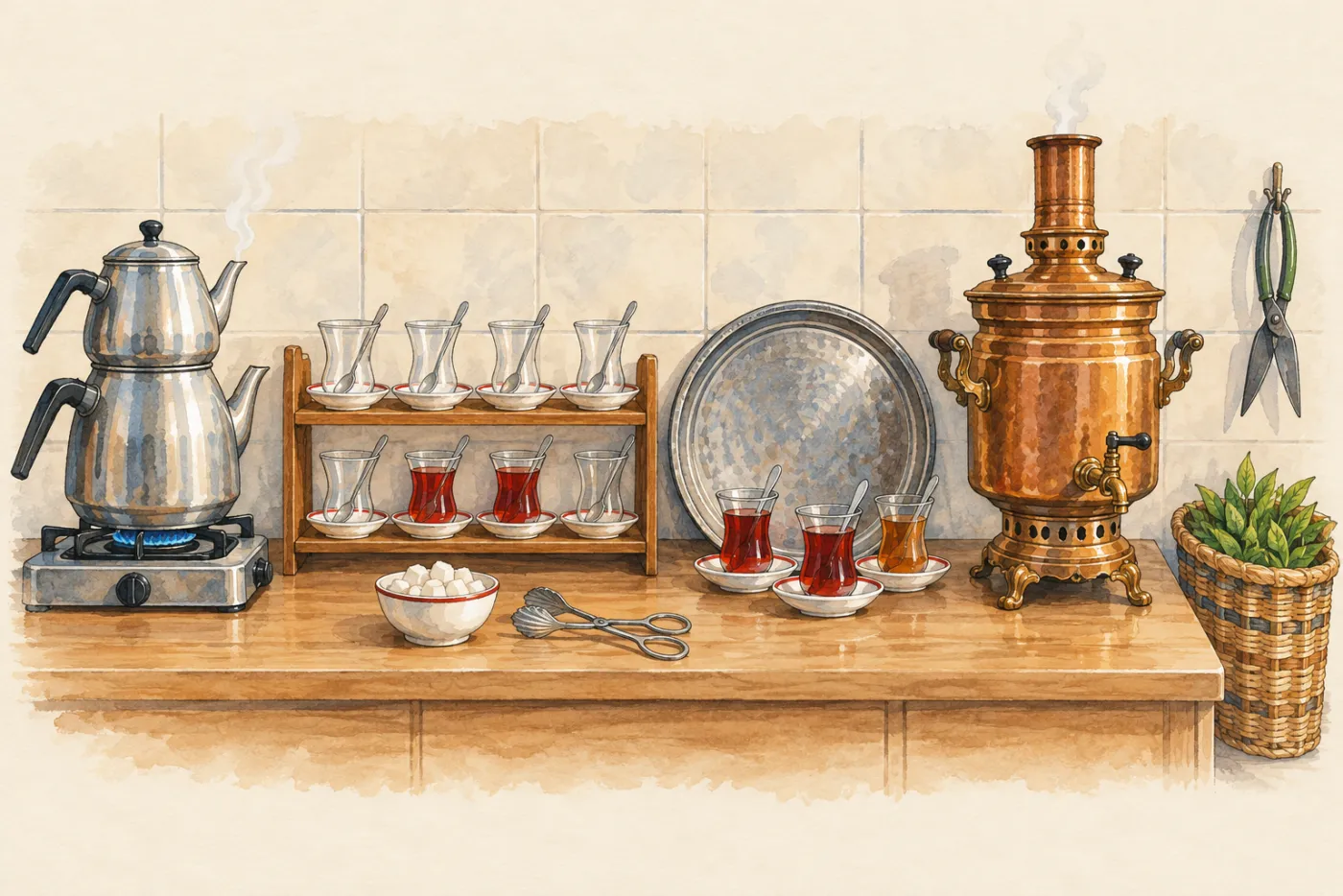 Illustration: eine Teetheke mit einer Doppelkanne aus Stahl auf einer Herdplatte, einem Regal mit schlanken Gl&auml;sern auf Untertassen, einer Schale mit Zuckerst&uuml;cken und einer Zuckerschere, einem runden Silbertablett an der Wand, einem kupfernen Semaver, einer Teeschere an einem Haken und einem geflochtenen Korb voller Teebl&auml;tter