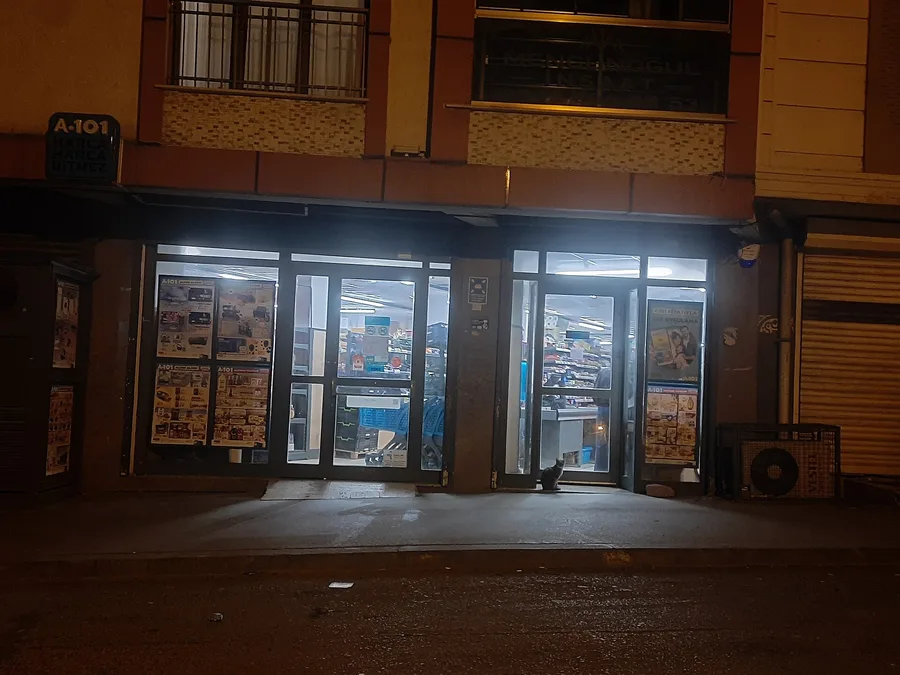 A fachada iluminada de uma loja A101 à noite em uma rua tranquila, com cartazes de folhetos na vitrine e um gato sentado à porta