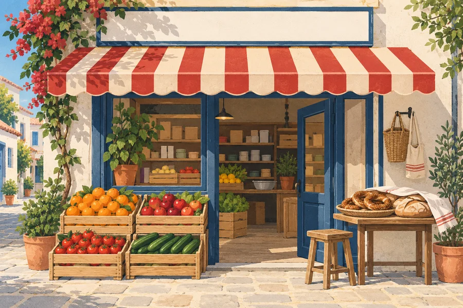 A entrada de uma pequena mercearia de bairro com caixas de frutas e verduras na calçada e uma bandeja de pães em uma mesa junto à porta