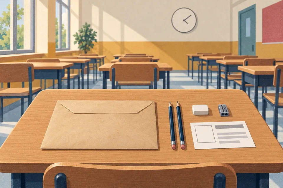 Uma carteira de prova numa sala de aula vazia, com um envelope lacrado, dois l&aacute;pis escuros, uma borracha e um cart&atilde;o em branco, fileiras de carteiras ao fundo e um rel&oacute;gio na parede
