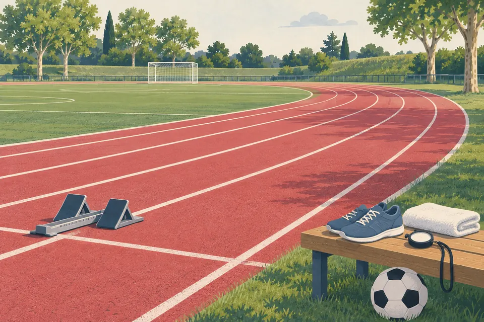 Uma pista de atletismo vermelha contorna um campo de futebol com um gol na extremidade oposta; um bloco de partida na pista e, num banco, um par de t&ecirc;nis azuis, uma toalha e um cron&ocirc;metro, uma bola de futebol na grama, sem ningu&eacute;m &agrave; vista