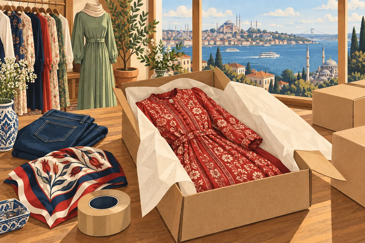Illustration: a printed dress packed in tissue paper beside indigo jeans and a scarf in an Istanbul clothing shop
