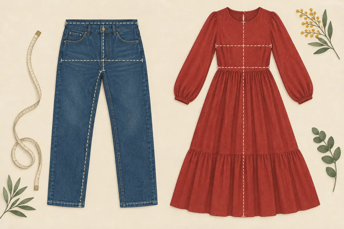 Illustration: jeans and a long dress laid flat with waist, hip, inseam, rise, chest and length guides