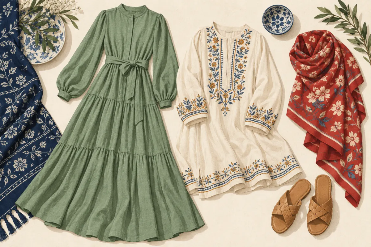 Illustration: a long dress, embroidered tunic, printed scarf and sandals laid flat