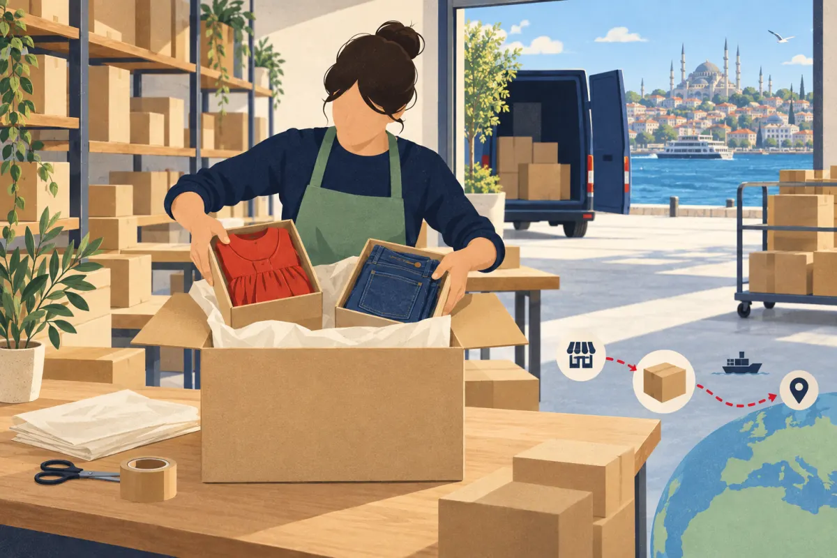 Illustration: a worker combining clothing boxes in an Istanbul parcel warehouse
