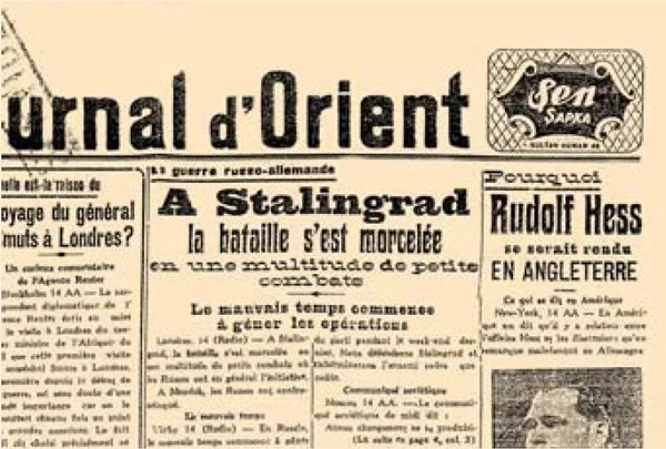 Parte superior de una portada de 1942 de Journal d&rsquo;Orient, peri&oacute;dico de Estambul en franc&eacute;s, con un anuncio de Şen Şapka enmarcado arriba a la derecha