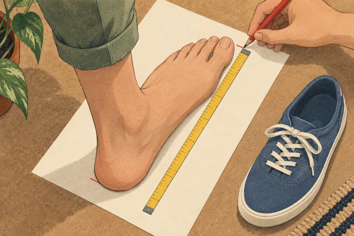 Illustration: Messung des Fußes auf Papier von der Ferse bis zum längsten Zeh