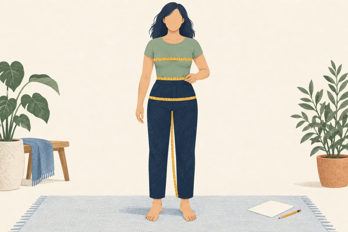 Illustration: Messstellen für Brust, Taille, Hüfte, Innenbeinlänge und Fuß