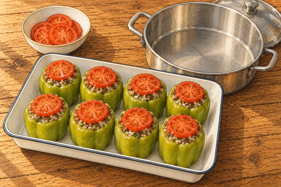 Beyaz emaye bir tepside, her birinin üzerinde yuvarlak kırmızı bir domates halkası bulunan yedi doldurulmuş açık yeşil biber; yanında bir kâse domates halkası ve kapağıyla boş bir çelik tencere var