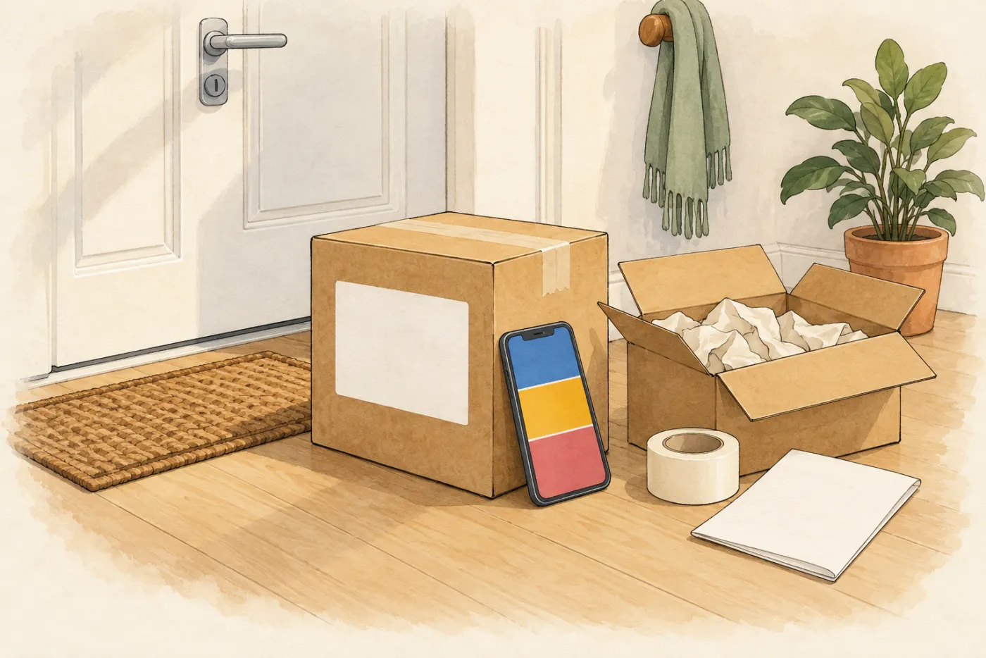 Illustration: a sealed parcel with a blank label just inside a front door, a phone showing three colour blocks leaning on it, and an open returns box with crumpled paper, a roll of tape and a blank sheet beside it
