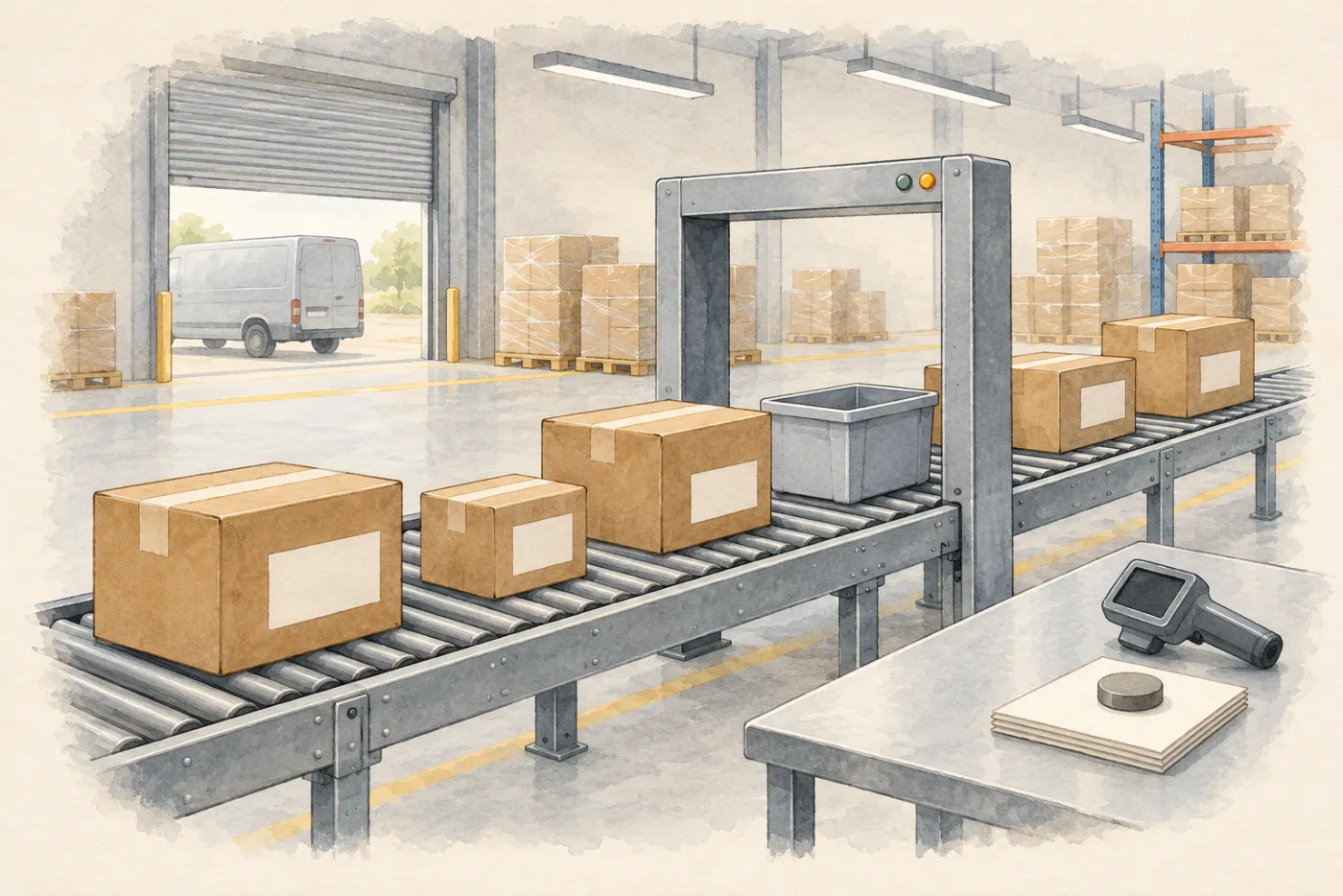 Illustration: parcels with blank labels on a roller line in a cargo shed, passing a steel scanner arch with a green and an amber lamp, a handheld scanner on a steel table in front, a delivery van at an open roller door behind