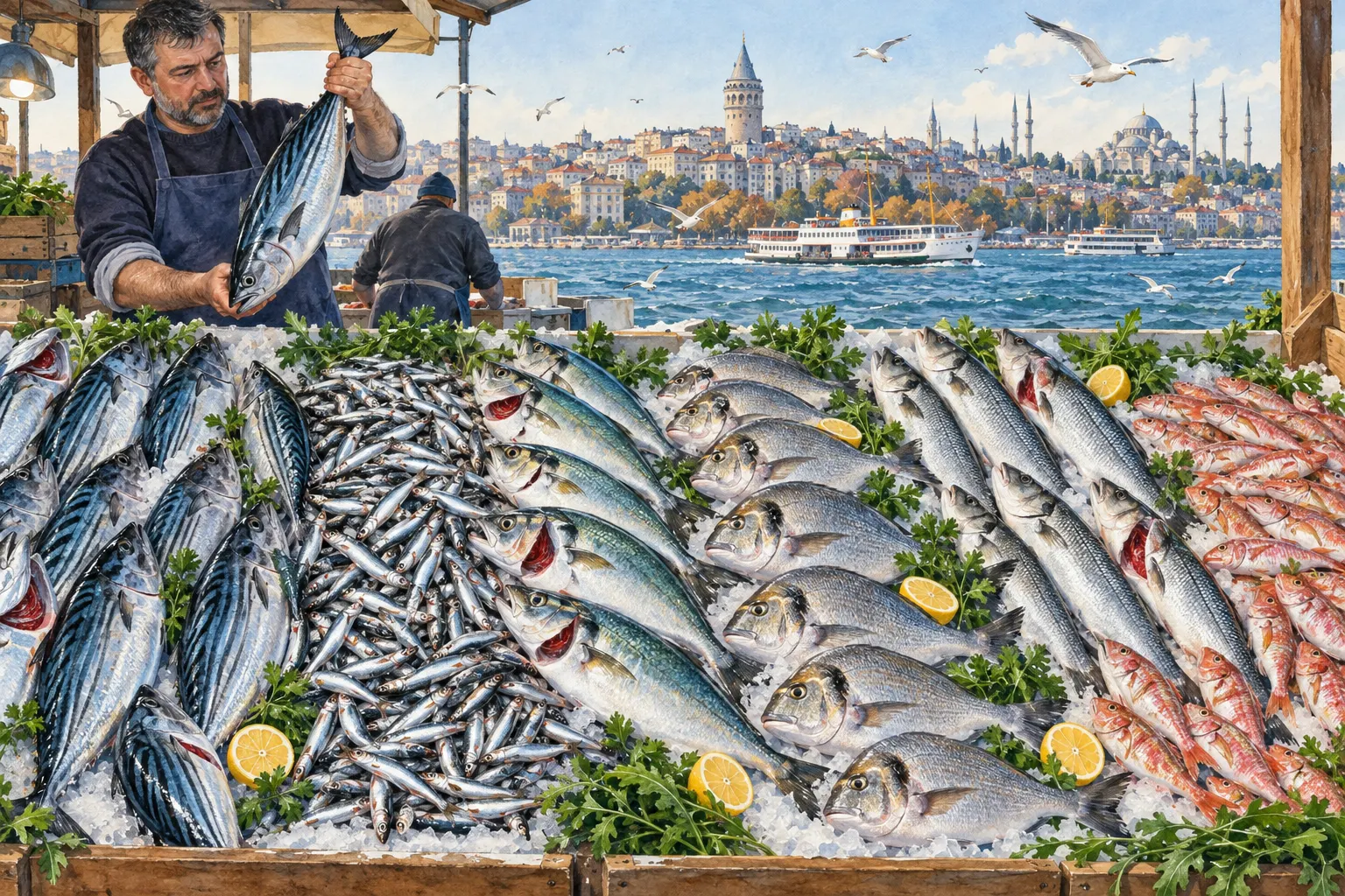 Illustration: a fish stall on Istanbul’s waterfront — bonito, a pile of anchovies, bluefish with red gills, gilthead sea bream, sea bass and red mullet on ice; the seller holds a bonito, with a ferry, Galata Tower and mosques behind him.