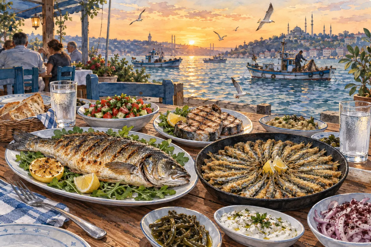 Illustration: a table at a fish restaurant by the Bosphorus — grilled sea bass, a pan of fried anchovies, bonito steaks, salad and starters, with fishing boats on the water.