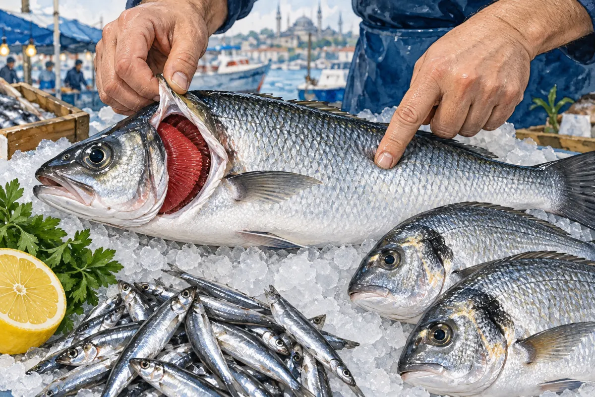 Illustration: a hand lifts a sea bass’s gill cover — the gills are bright red, the eye is clear, and a finger presses the fish’s side; nearby are two gilthead sea bream, a pile of anchovies, a lemon and parsley.