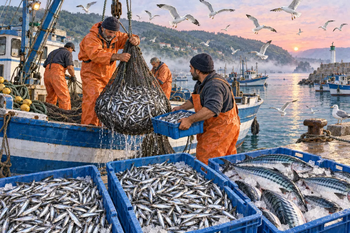 Illustration: a Black Sea harbour at dawn — fishermen in orange overalls haul up a net full of anchovies, blue crates of anchovies and bonito sit on ice on the quay, and seagulls fly above the boats.