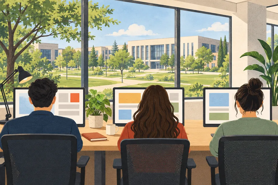 Illustration: drei Kollegen von hinten an einem langen Schreibtisch vor drei Monitoren mit farbigen Blöcken, daneben ein Fenster mit Blick auf eine Rasenfläche des Campus