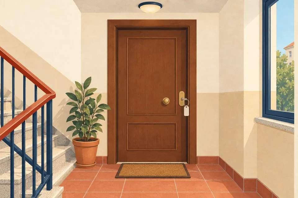 Illustration : la porte d’entrée d’un appartement sur un palier, avec une plante à côté