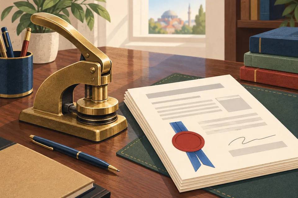 Illustration : le bureau d’un notaire avec une presse à gaufrer en laiton, une pile de documents avec un ruban bleu et un sceau rouge, et un stylo
