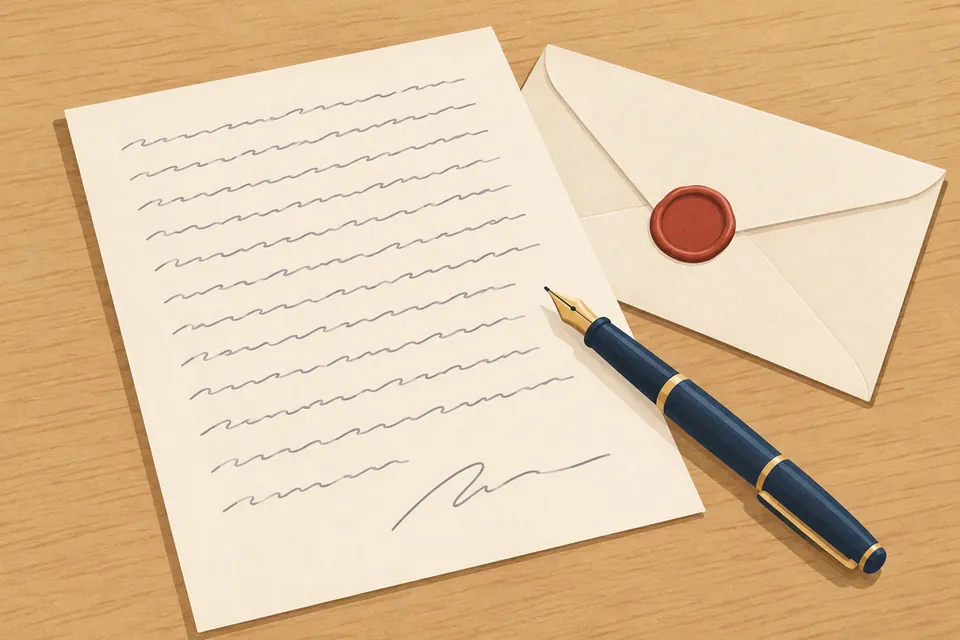 Illustration : une feuille de papier couverte de lignes d’écriture manuscrite peu serrée, un stylo-plume et une enveloppe scellée sur une table en bois