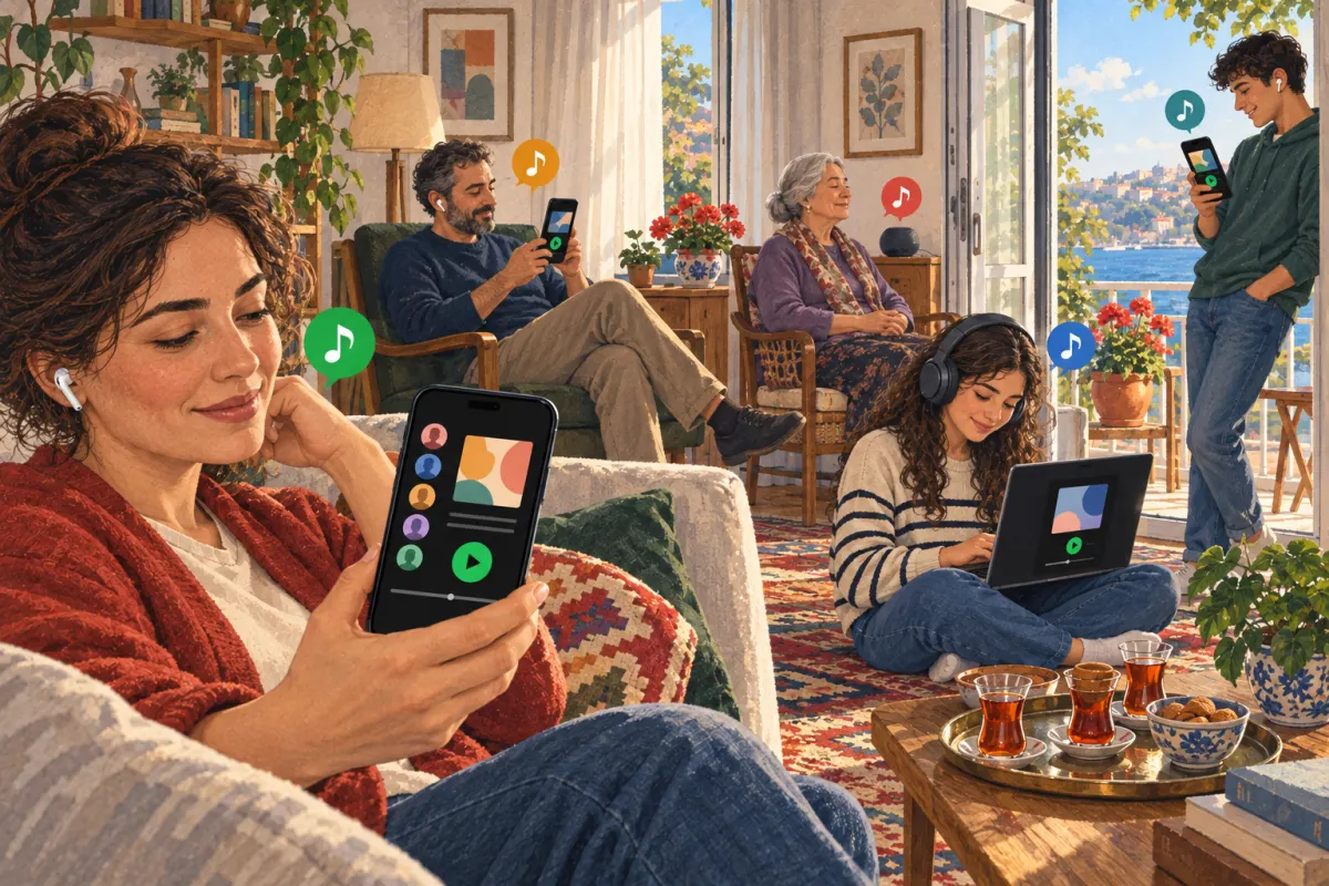 Illustration: Eine fünfköpfige Familie im Wohnzimmer einer türkischen Wohnung; alle haben ein eigenes Handy, einen Laptop oder einen Lautsprecher zum Musikhören, die Mutter hält ein Handy mit kreisförmigen Symbolen der Familienaccounts