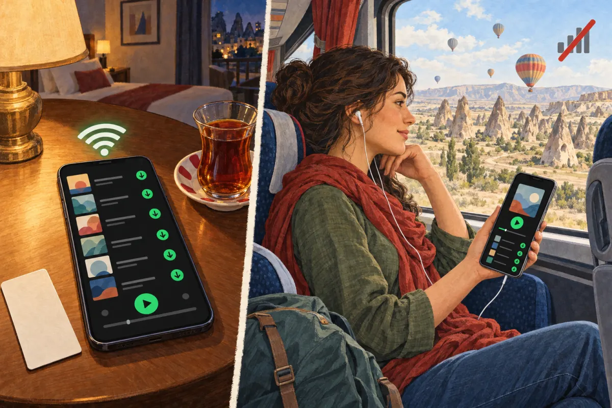 Illustration: Links lädt ein Handy abends im Hotel Musik über Wi-Fi herunter; rechts fährt am nächsten Tag eine Reisende mit Kopfhörern in einem Fernbus durch Kappadokien, ihr Handy hat keinen Empfang