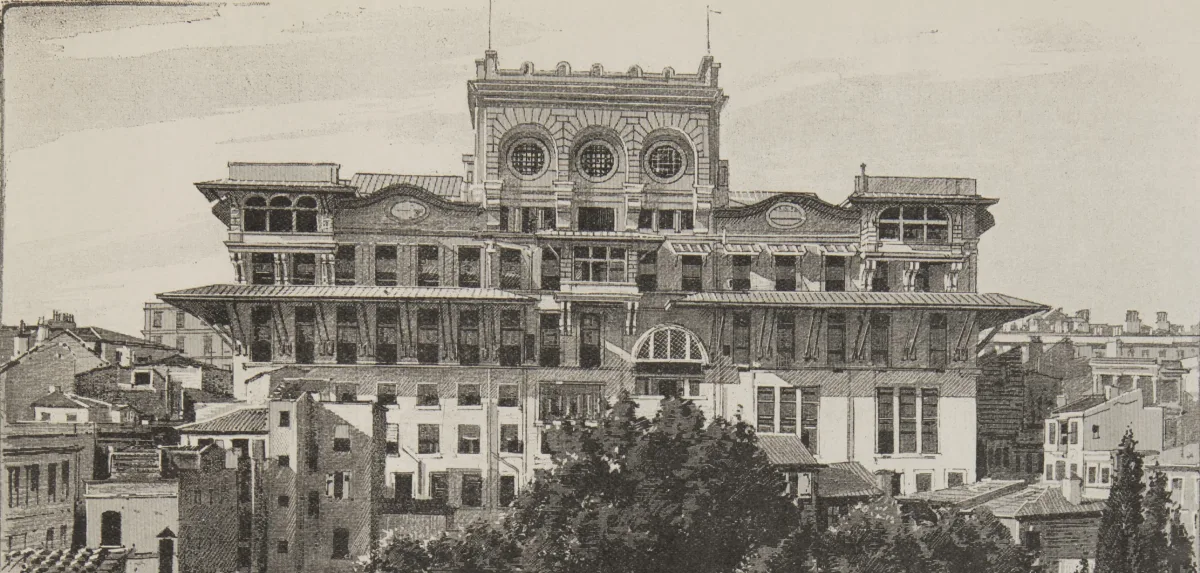 Black-and-white print of the Ottoman Bank head office in Karaköy: a tall building of several floors with a central tower, three round windows under a cornice, balconies with sloping roofs, set among small houses and trees