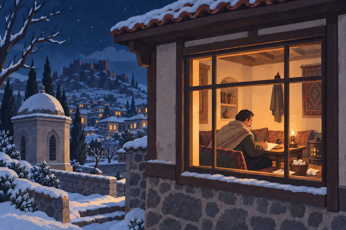 Illustration : une nuit d’hiver, un homme écrit à la lueur d’une lampe, visible à la fenêtre d’une loge ; au loin, un dôme et la citadelle d’Ankara