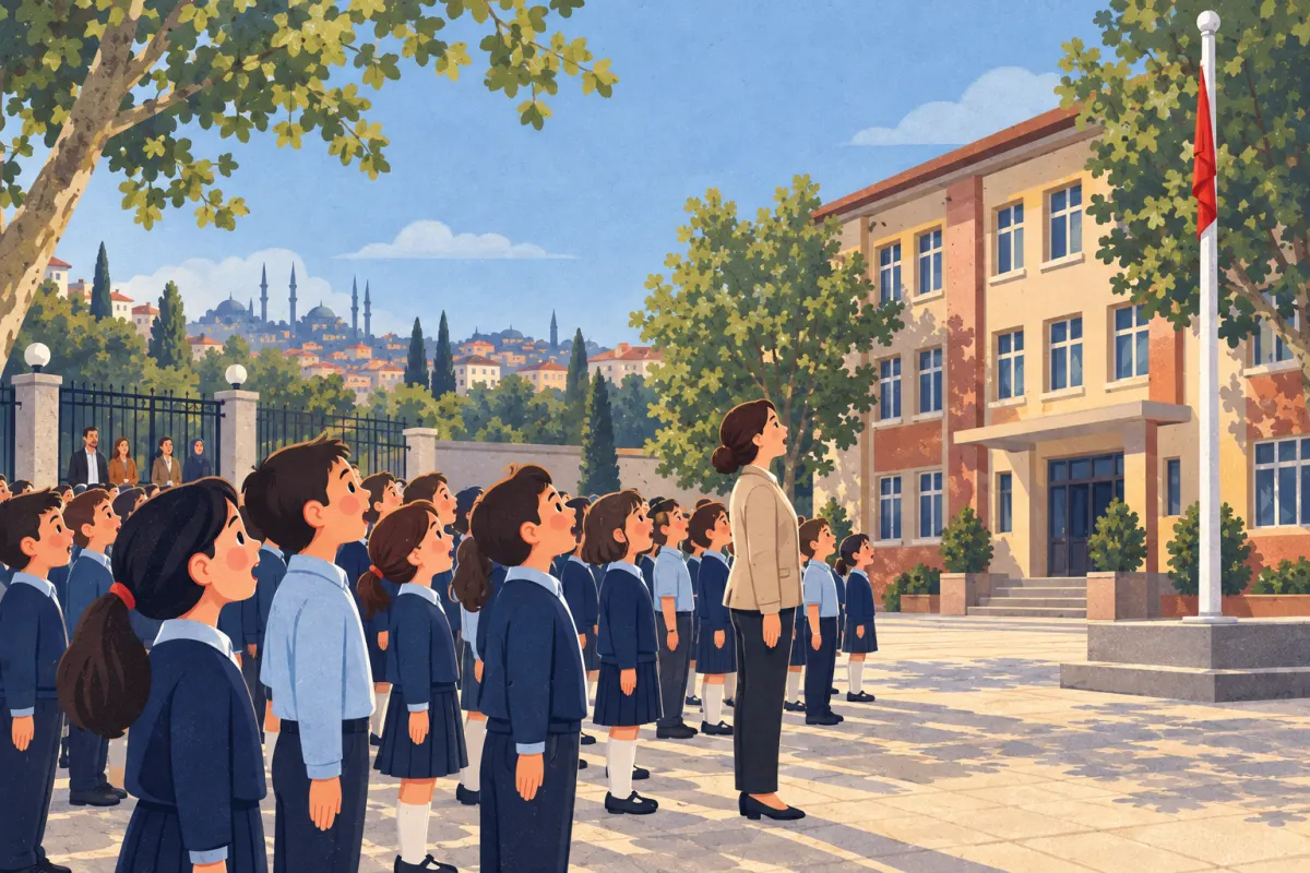 Illustration : dans une cour d’école, des enfants et un enseignant chantent tandis qu’un drapeau rouge est hissé au mât