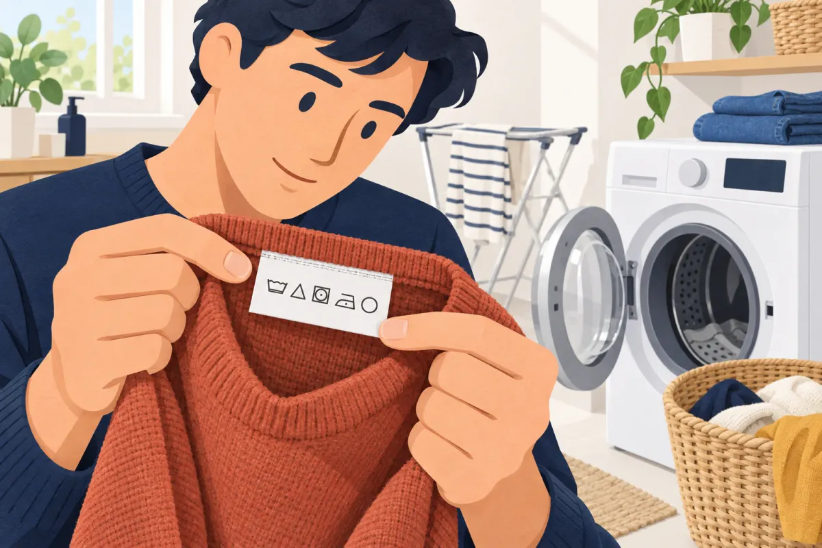 Illustration: a man holds up the collar of a rust-coloured jumper and reads the small white care label sewn inside it, next to an open washing machine and a drying rack