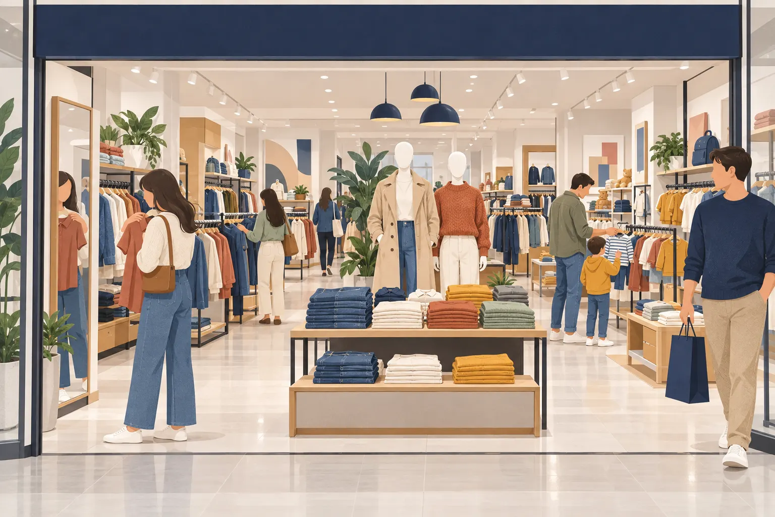 Illustration: the entrance of a family clothing store under a plain navy band, with jeans and jumpers stacked on a low table, two mannequins in a beige trench coat and a rust jumper, and shoppers of all ages among the rails