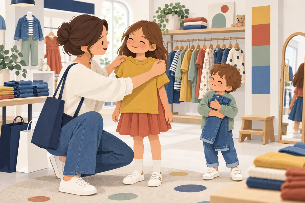 Illustration: in a children's clothing store, a mother kneels and holds a mustard T-shirt against her daughter's shoulders to check the size, while a small boy hugs a pair of jeans