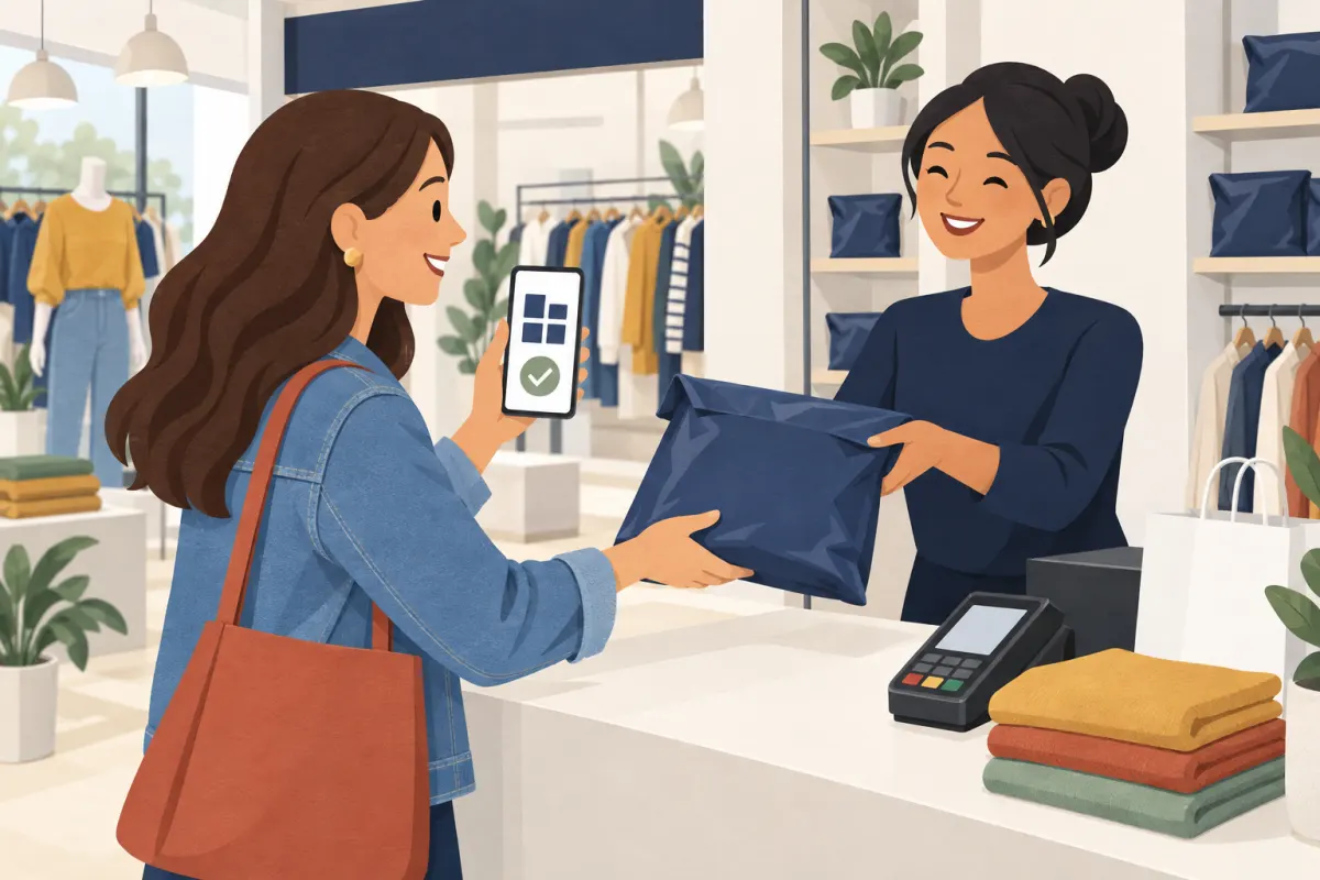 Illustration: at a clothing store till, a woman shows a code on her phone and a smiling assistant hands her a navy parcel across the counter