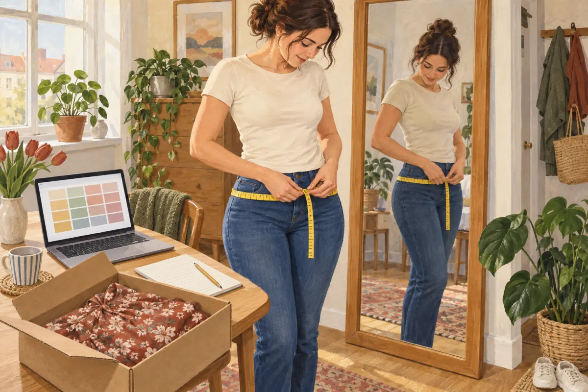 Illustration: Eine Frau in Jeans misst sich vor einem Standspiegel mit einem gelben Maßband um den Hosenbund; auf dem Tisch daneben ein Laptop und ein offener Karton mit einem geblümten Kleid