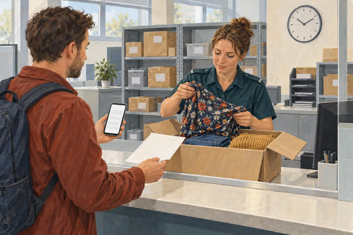 Illustration: An einem Schalter im Zollamt hebt eine Beamtin ein geblümtes Kleid aus einem offenen Karton mit Jeans und Strickpullover, ein junger Mann mit Rucksack hält eine Rechnung und sein Handy; dahinter Regale voller Pakete